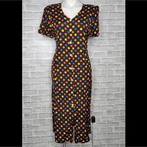 Vintage 90s Black & Rainbow Polka Dot A-Line Dress, sz Medium